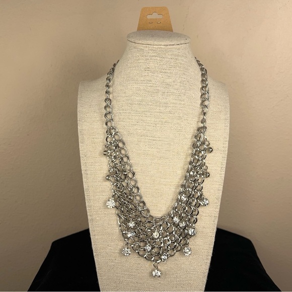 SILVER RHINESTONE CHAIN MAIL LAYERED NECKLACE GOTH GLAM EVENT - Picture 4 of 9